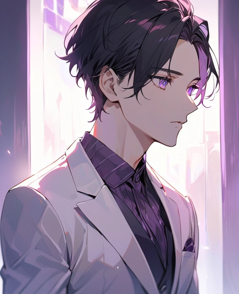 handsome, alone, ,I should probably cry.,1 man, black hair, (((forehead)))，light purple eyes, white suit, modern，Light purple collared shirt，expressionless，The best shadow and light，Medium-parted short hair，((look away)),perfect face, beautiful eyes， Eyes with exceptional detail，purple light