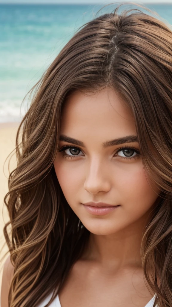 photography, attractive pose, soft wavy hair, ochre hair, light brown eyes, perfect face, detailed face, small nose, white skin, hyperrealism, high quality, woman in her twenties, soft lighting, sharp image, sexy look, flowing hair, full lips, sharp face, beach background.