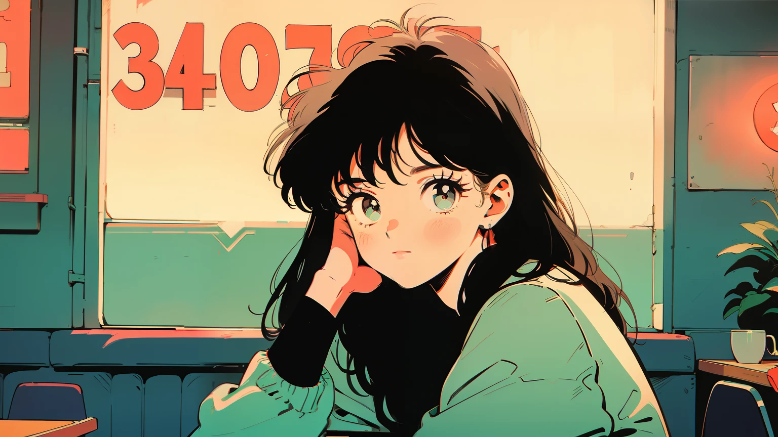 countryside girl, 1980s, black hair, old photo color, big round eyes, round face,in the city, street, restaurant, neon lights,retro artstyle