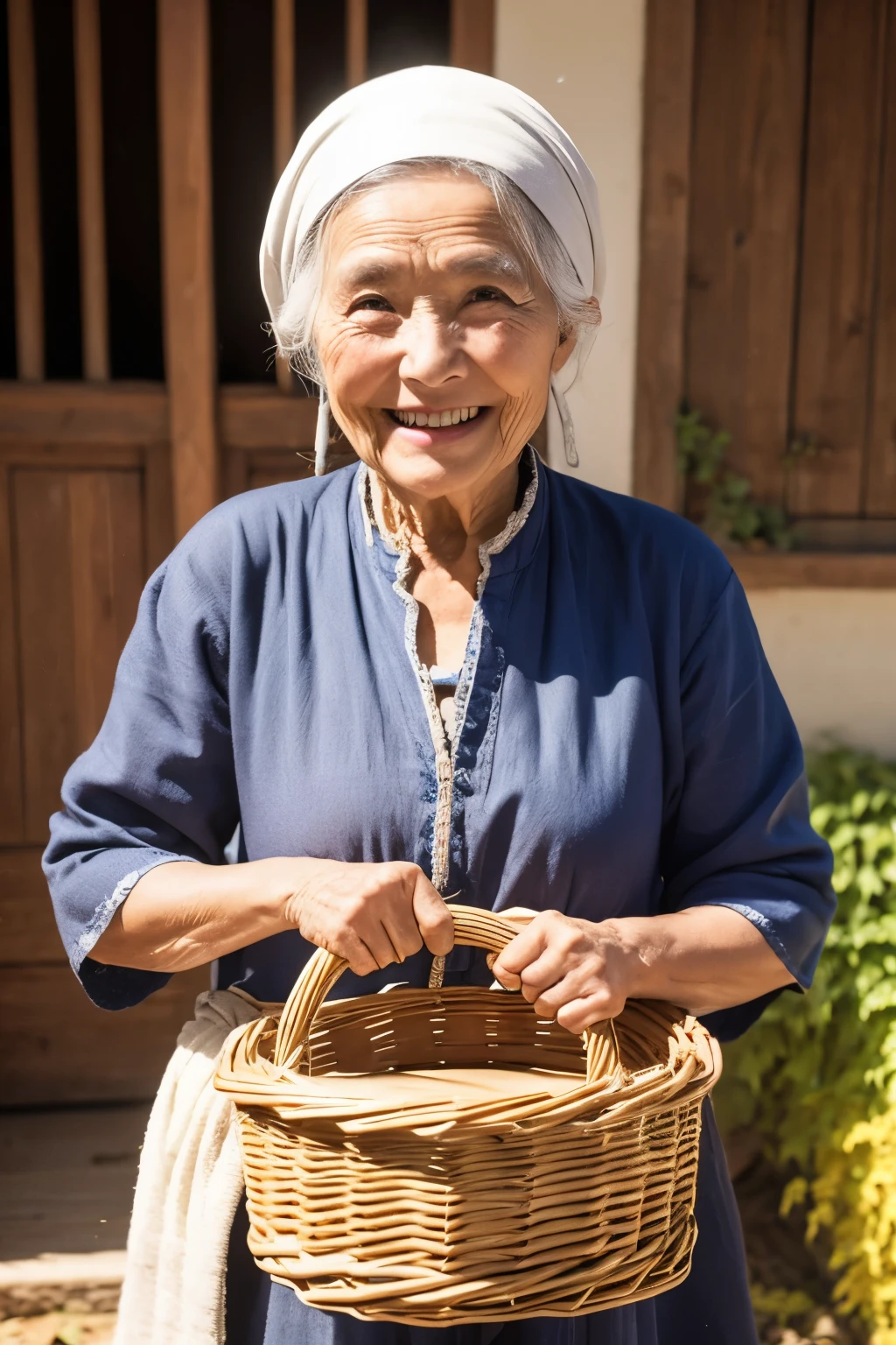 Old peasant woman holding a basket and smiling at the camera