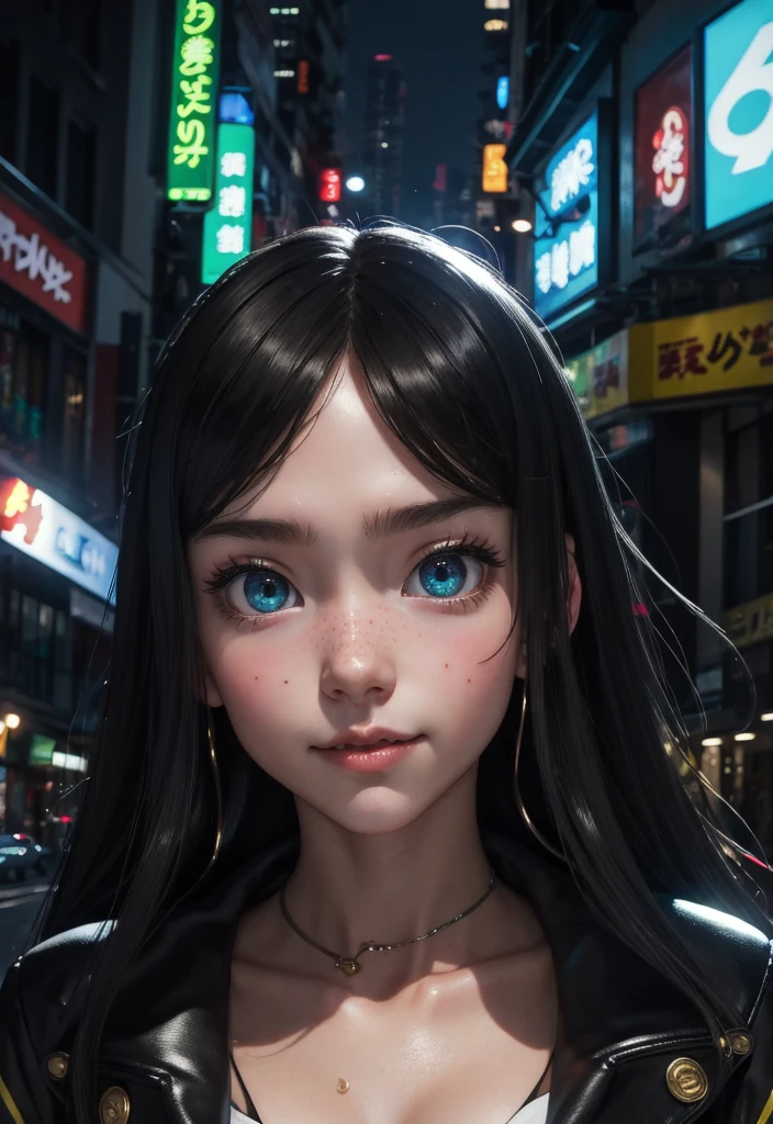 masterpiece, best quality, half body, portrait, night city, 1girl, anime, 3D, Japan, pixar, realistic,  girl, smiling, cute face, harajuku fashion style, rain coat, beautiful, colourful, neon lights, cyberpunk, smooth skin, illustration, artstation, painting by stanley artgerm lau, sideways glance, foreshortening, extremely detailed 8K, smooth, high resolution, ultra quality, highly detail eyes, highly detail mouth, highly detailed face, perfect eyes, both eyes are the same, true light, glare, Iridescent, Global illumination, (long straight hair), (side comb hair), Big Breasts:1.7, real light, real shadow, real face, hd, 2k, 4k, 8k, 16k, realistic light, realistic shadow, bright Eyes, fluorescent eyes, soft light, dream light