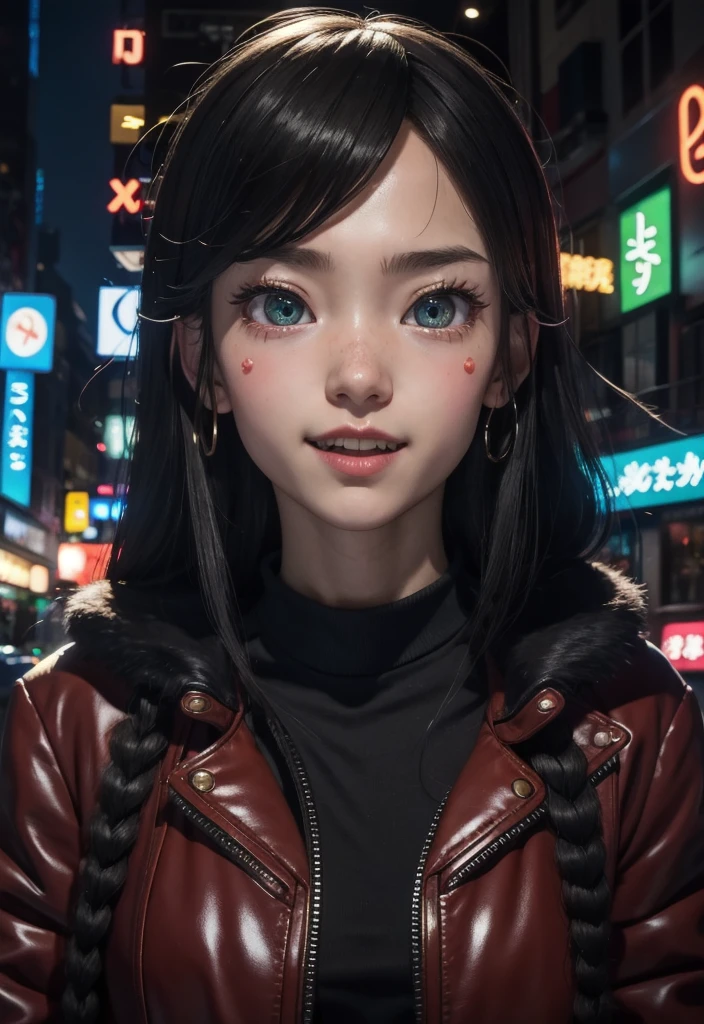 masterpiece, best quality, half body, portrait, night city, 1girl, anime, 3D, Japan, pixar, realistic, teen girl, smiling, cute face, harajuku fashion style, rain coat, beautiful, colourful, neon lights, cyberpunk, smooth skin, illustration, artstation, painting by stanley artgerm lau, sideways glance, foreshortening, extremely detailed 8K, smooth, high resolution, ultra quality, highly detail eyes, highly detail mouth, highly detailed face, perfect eyes, both eyes are the same, true light, glare, Iridescent, Global illumination, (long straight hair), (side comb hair), Big Breasts:1.7, real light, real shadow, real face, hd, 2k, 4k, 8k, 16k, realistic light, realistic shadow, bright Eyes, fluorescent eyes, soft light, dream light