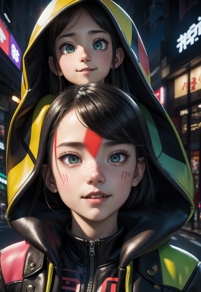 masterpiece, best quality, half body, portrait, night city, 1girl, anime, 3D, Japan, pixar, realistic,  girl, smiling, cute face, harajuku fashion style, rain coat, beautiful, colourful, neon lights, cyberpunk, smooth skin, illustration, artstation, painting by stanley artgerm lau, sideways glance, foreshortening, extremely detailed 8K, smooth, high resolution, ultra quality, highly detail eyes, highly detail mouth, highly detailed face, perfect eyes, both eyes are the same, true light, glare, Iridescent, Global illumination, (long straight hair), (side comb hair), Big Breasts:1.7, real light, real shadow, real face, hd, 2k, 4k, 8k, 16k, realistic light, realistic shadow, bright Eyes, fluorescent eyes, soft light, dream light