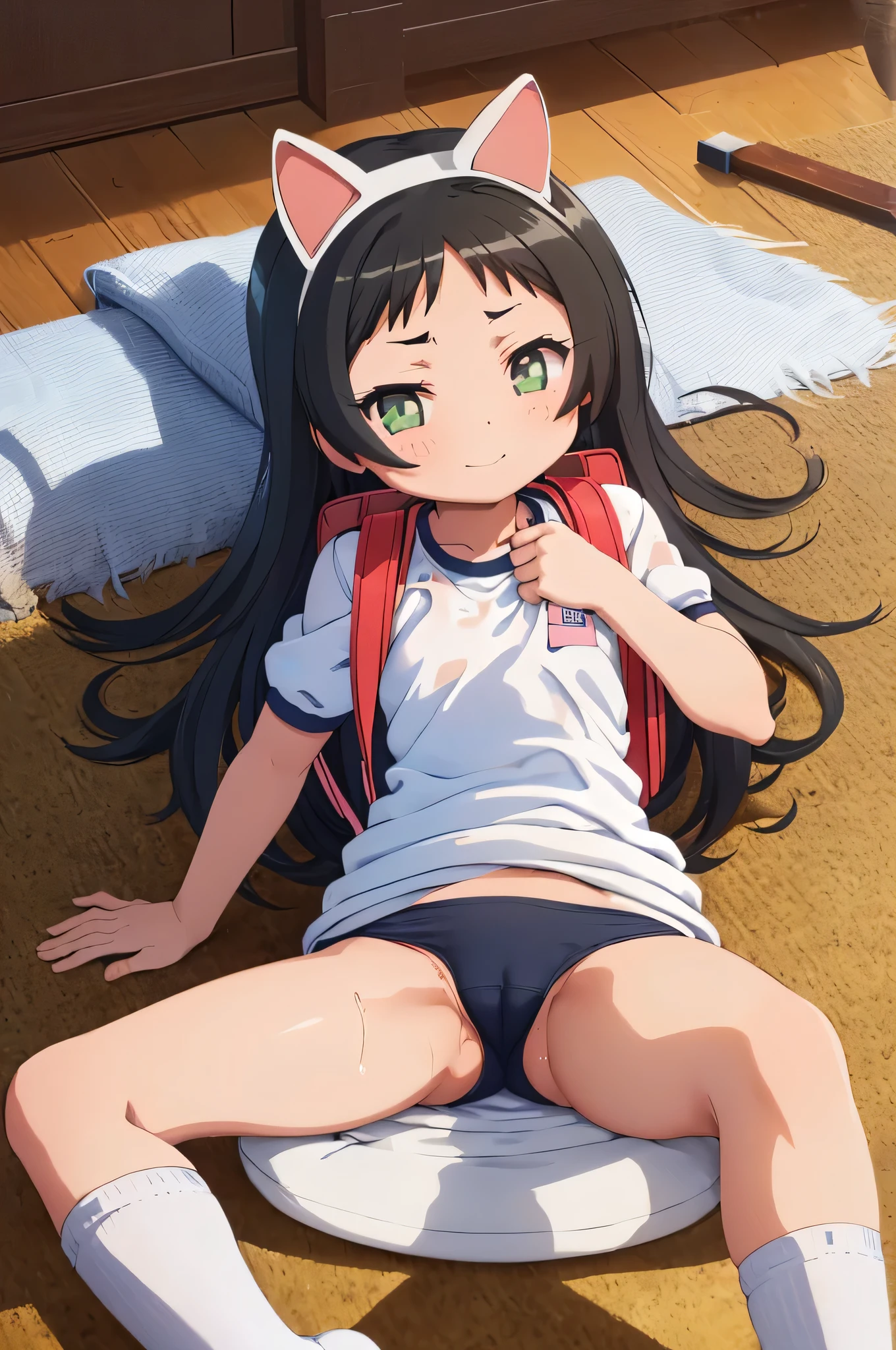 masterpiece, ultra quality, ultra sharp, ultra detailed, 1girl, solo, (((good anatomy))), haduki kurumi, (tattered torn dripping wet white gym shirt), navy gym pants, animal ears, randoseru, name tag, Japanese anime pose, laugh, BurumaShorts, Buruma, Gym Uniform, (((lying:1.4, spread_legs, legspread, split_legs, spreading legs)), (randoseru backpack:1.4), (smirk smile), buruma, blue buruma, black buruma, (cameltoe), (tattered torn short sleeve white gym uniform with colored hem), (tiny ), (white long loose socks), strong lighting, legspread, bukkaken clothesum on legs, cum buruma, cum oloomers,