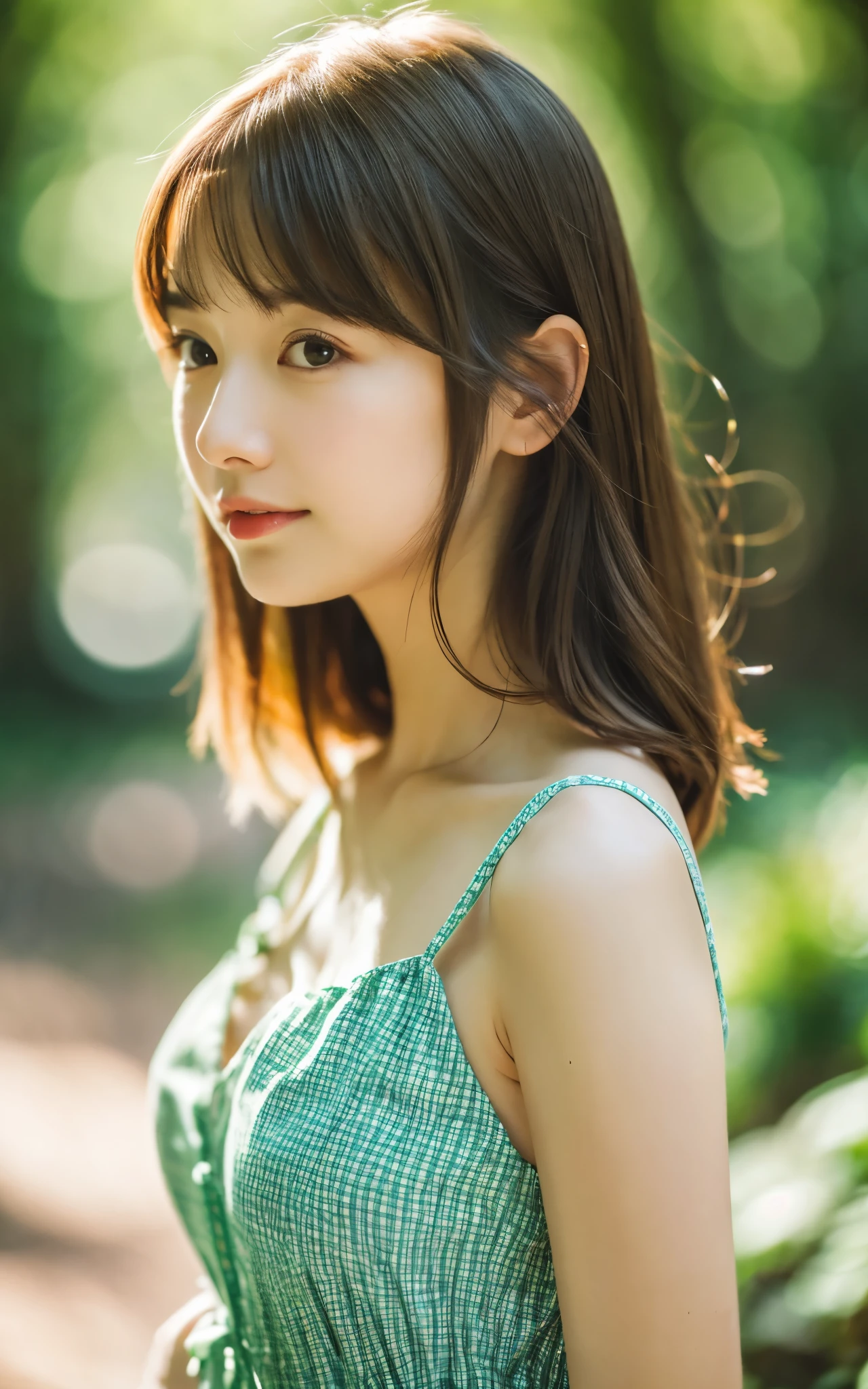 masterpiece, Best Quality, 8K, 1 girl, Japanese cute  girl, in summer, forest, stream, out of focus, 18 yo, large breasts, Mouth slightly open, cute little, Solo, sad, summer dress, Girly, Delicate girl, Neat and clean beauty, Raw photo, Professional Photography, Portrait, Soft light, Professional Lighting, Back lighting, Upper body, see the beholder, Sophisticated, Film grain, (Eyes and faces with detailed:1.0), medium hair swaying in the wind, beautiful flowing brown hair,