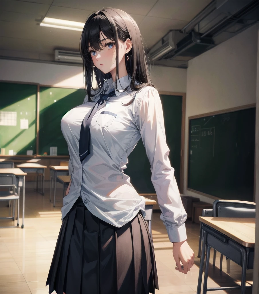 ((Highest quality)),(超High resolution),(Very detailed),(Detailed Description),((The best CG)),(masterpiece),Ultra-detailed art、(Highest quality、8k、32K、masterpiece)、(Realistic)、(Realistic:1.2)、(High resolution)、Very detailed、Very beautiful face and eyes、1 female、Tight waist、Delicate body、(Highest quality、Attention to detail、Rich skin detail)、(Highest quality、8k、Oil paints:1.2)、Very detailed、(Realistic、Realistic:1.37)、Bright colors、Beautiful Japanese Woman、Detailed face、Smooth Skin、Big Breasts、"A high school girl from the near future is wearing a monochrome tight-fitting blazer.、Metallic buttons and school crest on left chest。Below is the、He is wearing a clean white shirt with hidden buttons.、The collar and cuffs have thin lines。The skirt is a knee-length A-line skirt.、Does it have the same simple stripes as the blazer?、You may be wearing tight-fitting straight pants of the same pattern.。Shoes must be black or dark grey sneakers、Includes silver accents。A tie or ribbon in school colors、I have a lightweight, multi-functional backpack with reflectors.。The material of the uniform is temperature regulating、Antifouling、Has antibacterial properties。She is a modern, high-tech school environment.々We are engaged in various activities.:Study in classrooms equipped with advanced digital screens、Walking through a bright hallway lined with smart lockers、((Chatting with friends in a futuristic cafeteria。:1.6))"