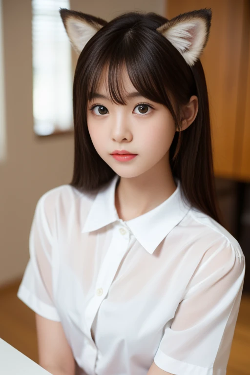 Tabletop, Highest quality, One girl, (Beautiful girl, cute:1.3), (15 years old:1.3), Definition of very fine particles, (Symmetrical eyes:1.3), Browsing Caution, (Naked and wearing only a white shirt:1.3), Unbutton all buttons on your shirt、Small breasts, Brown eyes, Fox Ears, Parted bangs, Brown Hair, girl