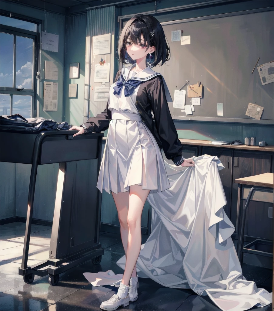 absurdres, RAW photo, extremely delicate and beautiful, masterpiece, Best Quality, ultra high resolution, 32k, hyperrealistic, ultra-detailed, in her 20s, very Slim body, narrow waist, very small head, very small face, delicate facial features, tearful mole, earring, very huge round breasts, ((full body shot)), medium hair, black hair, ((school_uniform)), ((classroom)),