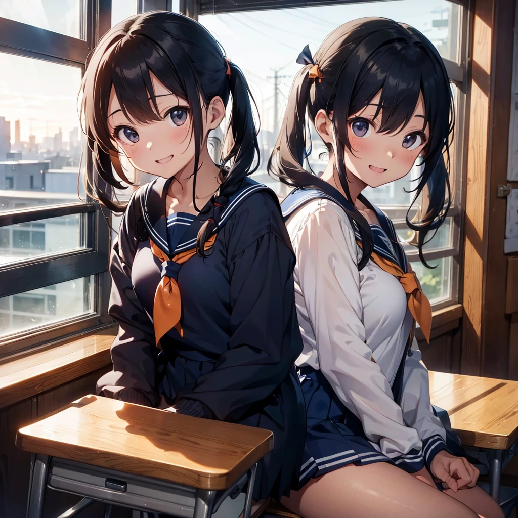 Highest quality, Very detailed, masterpiece, One personの少女, Sitting in a chair Smiling, Open Mouth, 15yo, (low twintails:1.2), Low Pigtails, Black Hair, Long Hair, (Navy blue sailor suit:1.4), Blue ribbon, Long sleeve, School desk, School Chair, classroom, from the front, window, distant cityscape, A town with hills, Sea in the back, 16 o'clock, Orange sky, anime, (Close up on face), One person