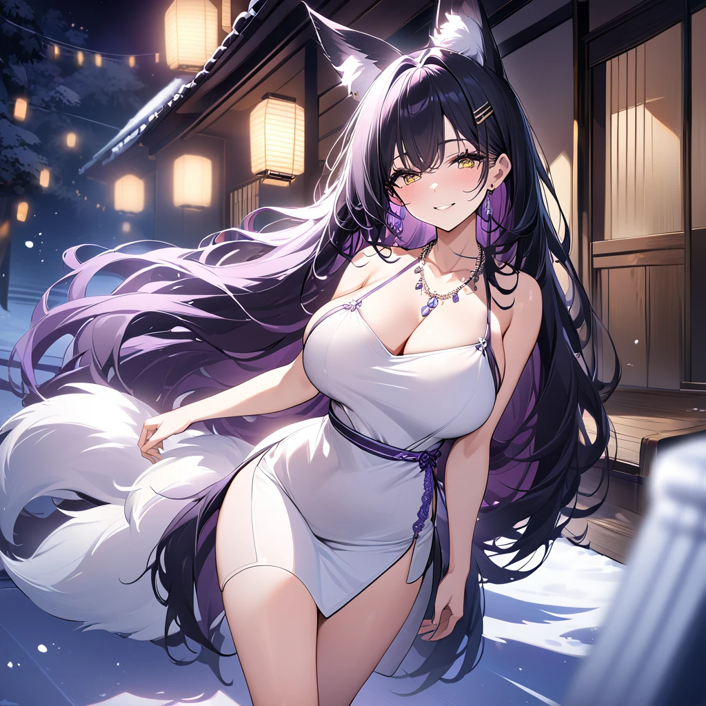 A woman wearing a luxurious white dress with dark purple details, purple heels, large breasts, exposed shoulders, dark purple hair, long hair, kitsune ears, kitsune tails, multi tails, dark purple tails, yellow eyes, smiling, silver necklace on neck, hair clip on head, walking outside a traditional Japanese house, standing, night place with lighting, standing posture on ice rink, ultra resolution, clear, masterpiece, 8K HD (women solo)
