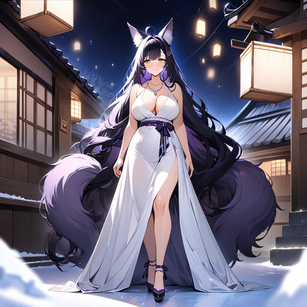 A woman wearing a luxurious white dress with dark purple details, purple heels, large breasts, exposed shoulders, dark purple hair, long hair, kitsune ears, kitsune tails, multi tails, dark purple tails, yellow eyes, smiling, silver necklace on neck, hair clip on head, walking outside a traditional Japanese house, standing, night place with lighting, standing posture on ice rink, ultra resolution, clear, masterpiece, 8K HD (women solo)