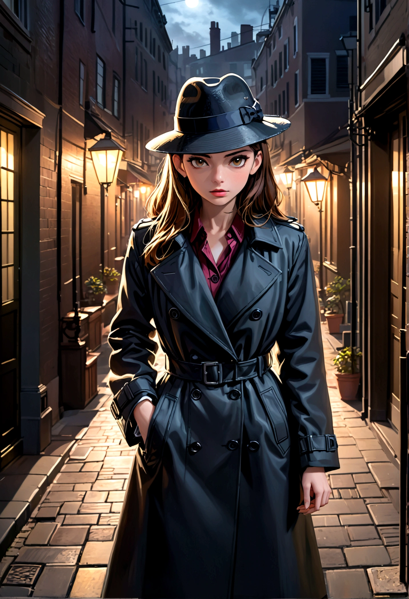 a Godzilla detective in a 1940s mystery film, walking down a dark alleyway on a dreary night, black trench coat, black felt hat, absurd fantasy, cinematic lighting, moody atmosphere, chiaroscuro lighting, rich textures, dramatic shadows, film noir style, gritty urban environment, detailed facial features, intense gaze, mystery and suspense, (best quality,4k,8k,highres,masterpiece:1.2),ultra-detailed,(realistic,photorealistic,photo-realistic:1.37)