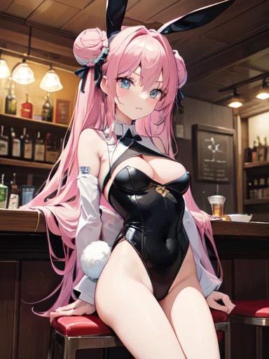 ((masterpiece, Highest quality)), High resolution, Clear image, (Anime Style:1.2), Flat Color, Painting (One girl), (alone), (Focus on women), Dynamic pose ((Browsing Caution)), smile, Open your mouth, (Black Bunny Girl), (Long Hair), (Pink double bun hair 1.2), (blue eyes), (eyelash), Sparkling eyes, (Perfect Eyes:1.2), (Perfect Iris:1.2), (Big Tits 1.3), Put your arms behind your back, Sit at the table, bar, Pub, Official Art