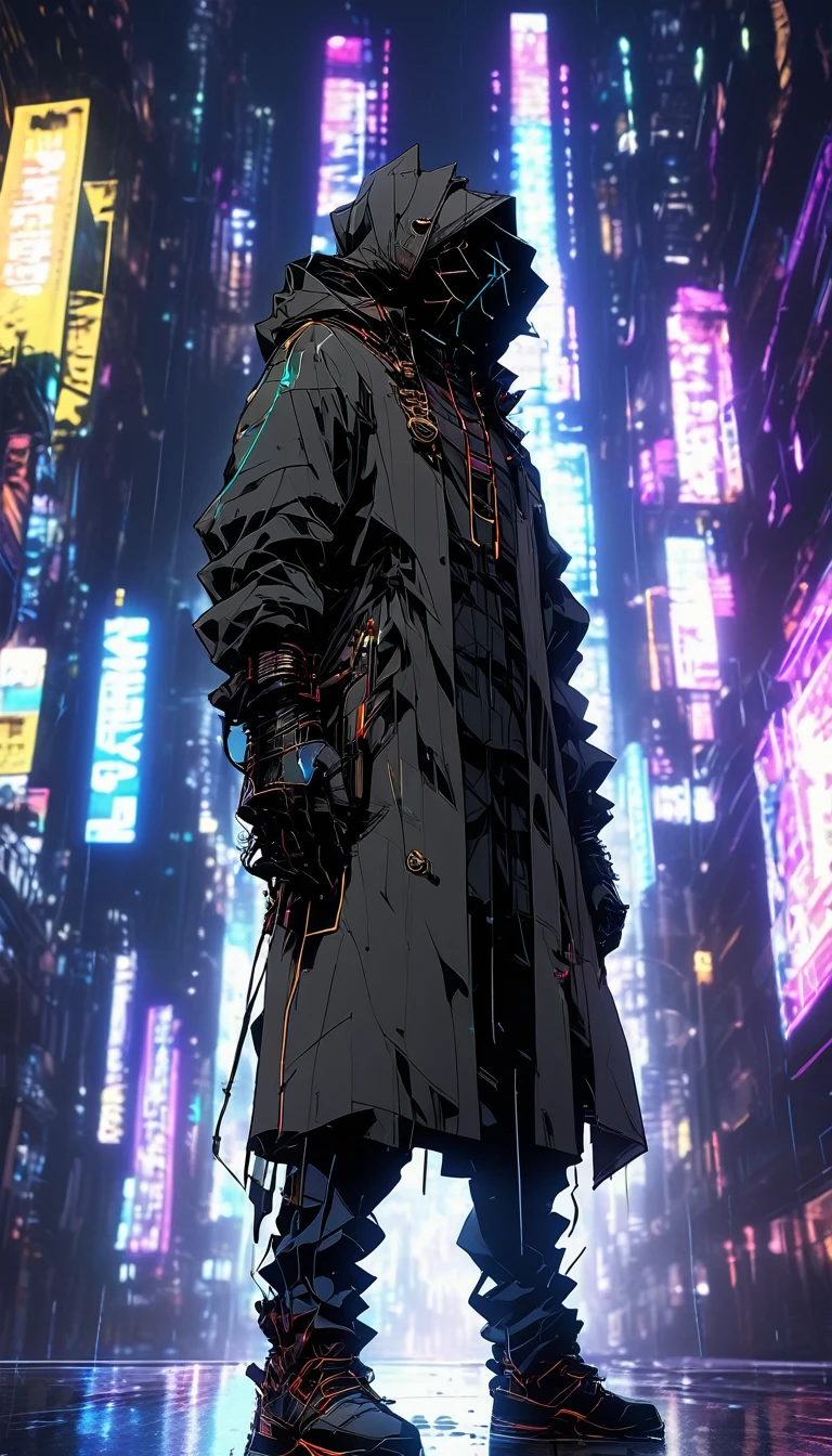 wide and far shot, ((a man in a black hooded trench coat, return to camera:1.5)), standing on rainy street, looking at a futuristic city at night, a dark cityscape with neon lights (Best Quality, 4k, 8k , high resolution, Masterpiece: 1.2), ultra detailed (realist, photorealist, photorealist: 1.37), cinematic lighting, dramatic shadows, moody atmosphere, intricate details, Bright city lights, advanced technology, Retro-futuristic architecture, dynamic pose, hood that casts shadows on the face, intense look