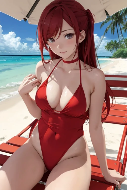 creates an anime girl in a red swimsuit taking off a white blouse 24 years old in a tropical beach landscape and sitting on a beach chair