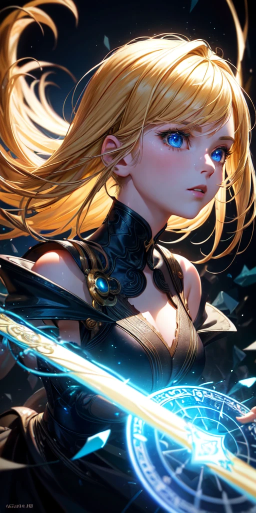 (masterpiece, best quality, ultra-detailed, best shadow), (detailed background,dark fantasy), (beautiful detailed face), high contrast, (best illumination, an extremely delicate and beautiful), ((cinematic light)), colorful, hyper detail, dramatic light, intricate details, (1girl, solo, yellow hair, sharp face,blue eyes, hair between eyes,dynamic angle), blood splatter, swirling black light around the character, depth of field,black light particles,(broken glass),magic circle,