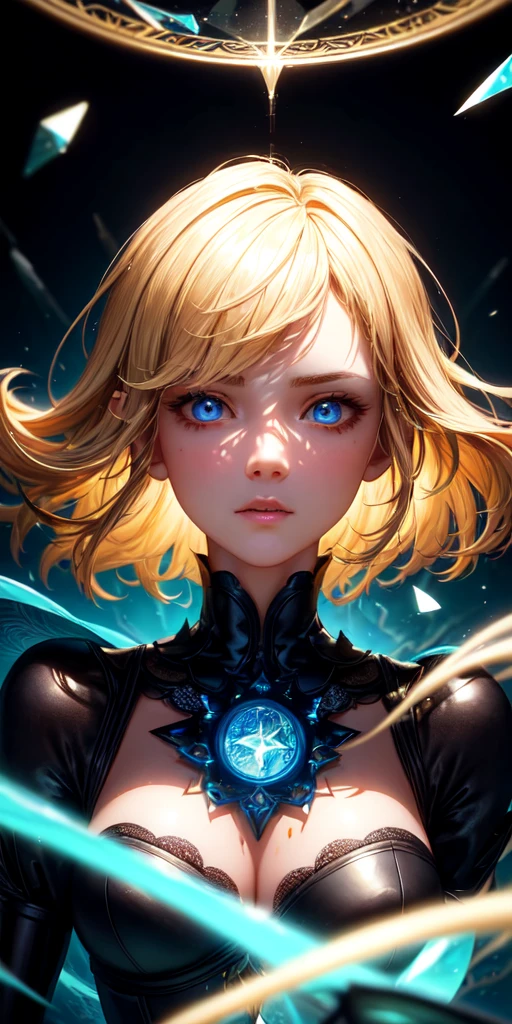 (masterpiece, best quality, ultra-detailed, best shadow), (detailed background,dark fantasy), (beautiful detailed face), high contrast, (best illumination, an extremely delicate and beautiful), ((cinematic light)), colorful, hyper detail, dramatic light, intricate details, (1girl, solo, yellow hair, sharp face,blue eyes, hair between eyes,dynamic angle), blood splatter, swirling black light around the character, depth of field,black light particles,(broken glass),magic circle,