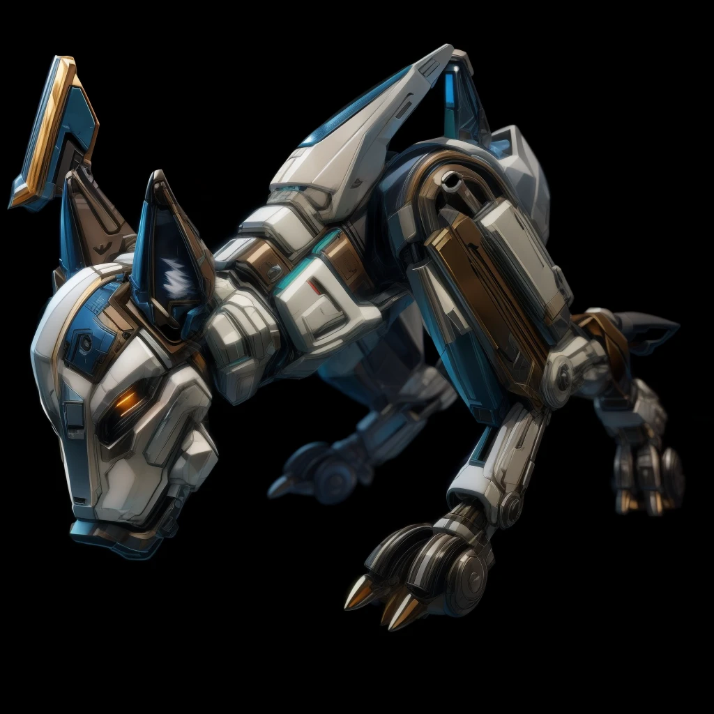 A solo medabot dog,wolf,canine,cyborg,warframe,zanuka, high detail, simple background, masterpiece,4k,8HD