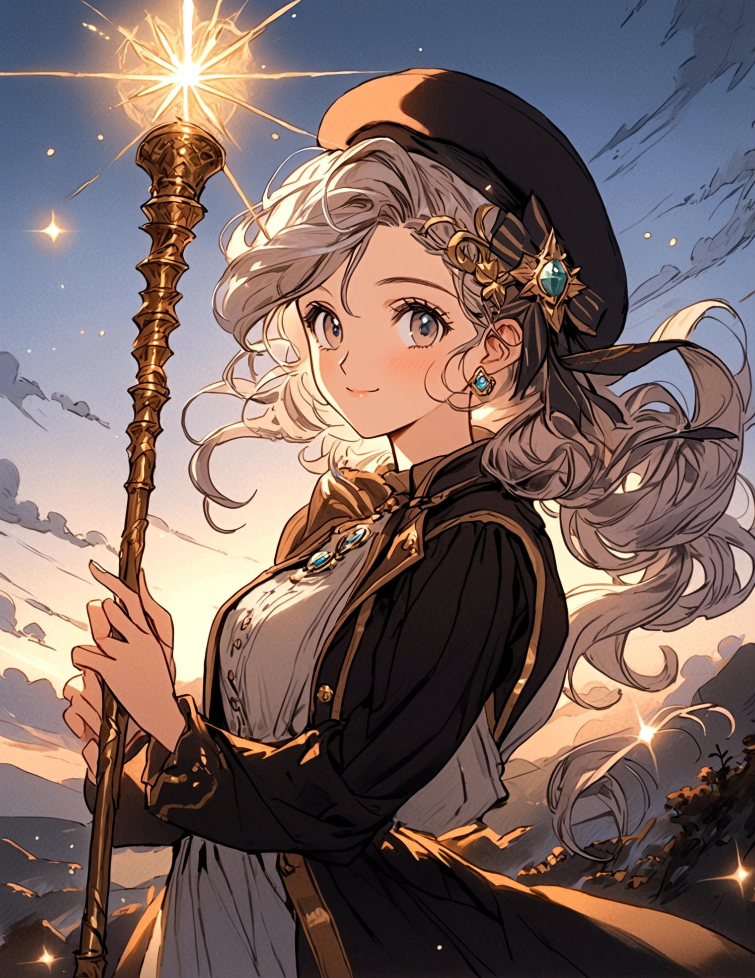 natural lighting, dusk, dawn, light smile, upturned cheeks, slightly shining hair, half up do, beret, hair ornament, alchemist, atelier series, large staff, gold, silver, Gemstones, brilliance, precious, 1girl, solo, fantasy landscapes, Scholarly, intellectual, floating light, magnificent, splendid,