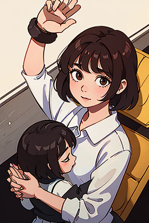 A mother with short but not very short brown hair waving while holding the hand of her 3--old ghter who looks like her mother