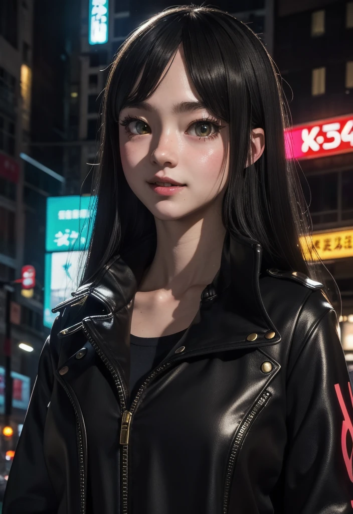 masterpiece, best quality, half body, portrait, night city, 1girl, anime, 3D, Japan, pixar, realistic, teen girl, smiling, cute face, harajuku fashion style, rain coat, beautiful, colourful, neon lights, cyberpunk, smooth skin, illustration, artstation, painting by stanley artgerm lau, sideways glance, foreshortening, extremely detailed 8K, smooth, high resolution, ultra quality, highly detail eyes, highly detail mouth, highly detailed face, perfect eyes, both eyes are the same, true light, glare, Iridescent, Global illumination, (long straight hair), (side comb hair), Big Breasts:1.7, real light, real shadow, real face, hd, 2k, 4k, 8k, 16k, realistic light, realistic shadow, bright Eyes, fluorescent eyes, soft light, dream light