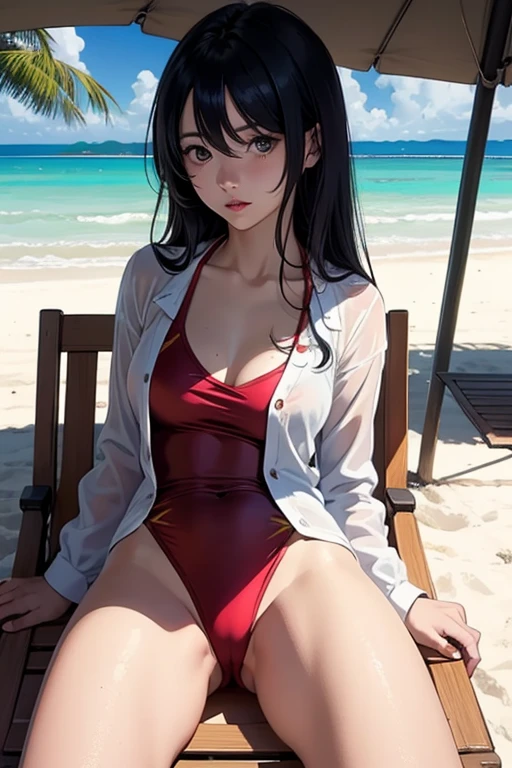 creates an anime girl in a red swimsuit taking off a white blouse 24 years old in a tropical beach landscape and sitting on a beach chair