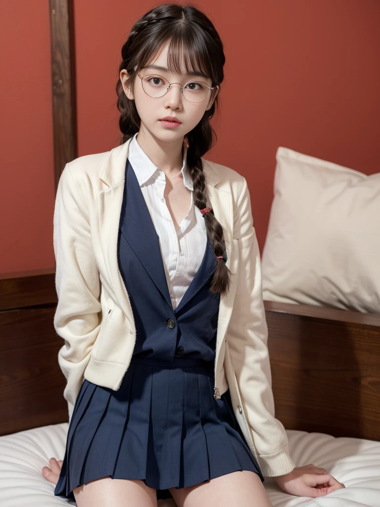 raw photo, 8k, (top-quality), Realistic, (real picture, Intricate details), (natural skin texture, detailed skin, hyper realism, sharpness), (Japanese teenage glasses girl sitting on bed in a hotel), (school uniform, Theme color is dark navy), (Formal jacket dark blue), White shirt, open front, short pleated skirt is plaid, white Socks, (pale skin:1.2), slender body, ((braid hairstyle, blunt bangs)), (glasses seductive face, Parted lips:1.3, eye bag:1.2, red lip, undereye circle, thick lips), thighs, red wallpaper:1.3, full body shot