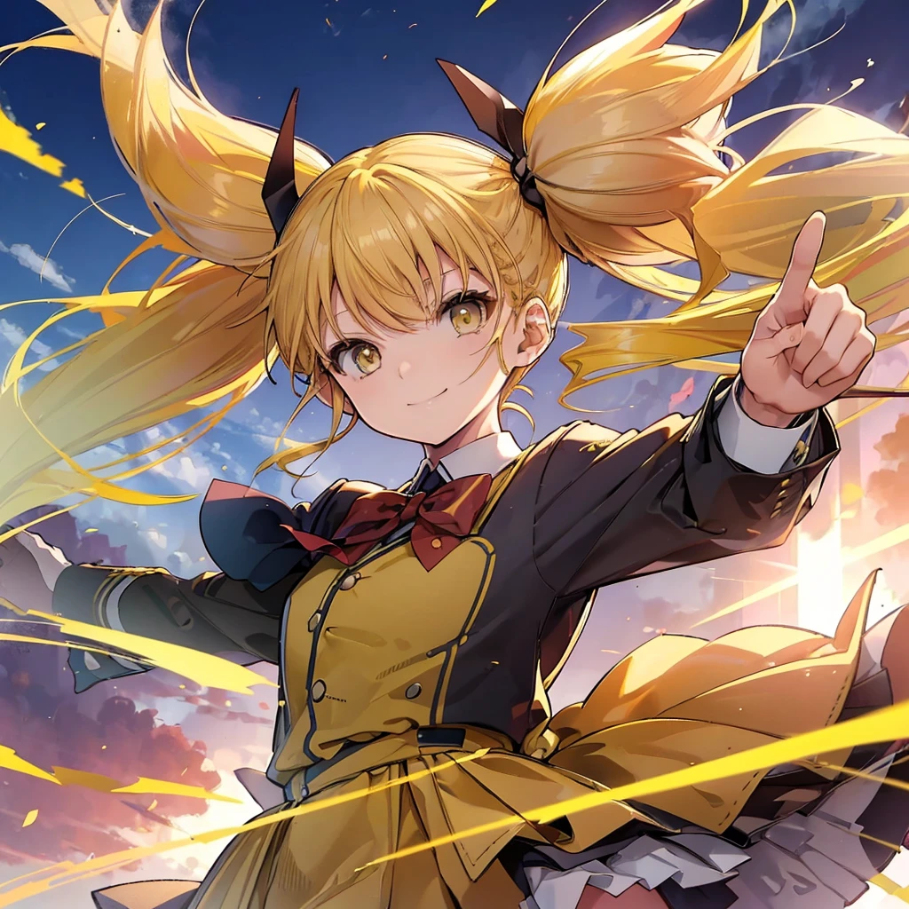 (((Shinomiya Kikoru))) ((Yellow Hair Twin tails uniform)) (smile Jump) Shining Background Shining Edge