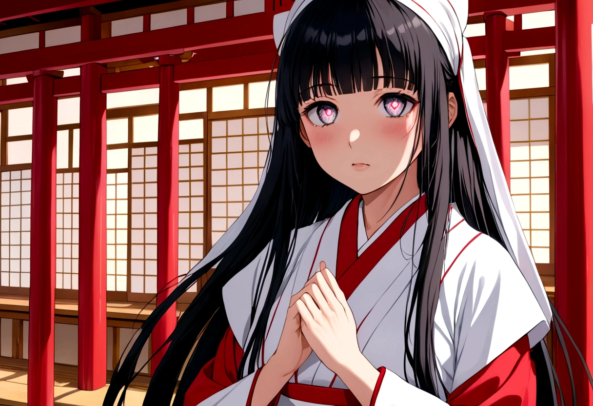 (sweaty skin) (standing, in the Fukuoka hakata city), (pov close up face) solo:2, 15 yo, ((blunt bangs)) (black hair long hair panic:1.4 shrine maiden girl), ((heart shaped pupils white eyes)), hand put on own chest, in a shrine maiden clothes, BREAK, perfect anatomy, masterpiece, best quality, 16k, beautiful detailed grow, daydreaming expression.