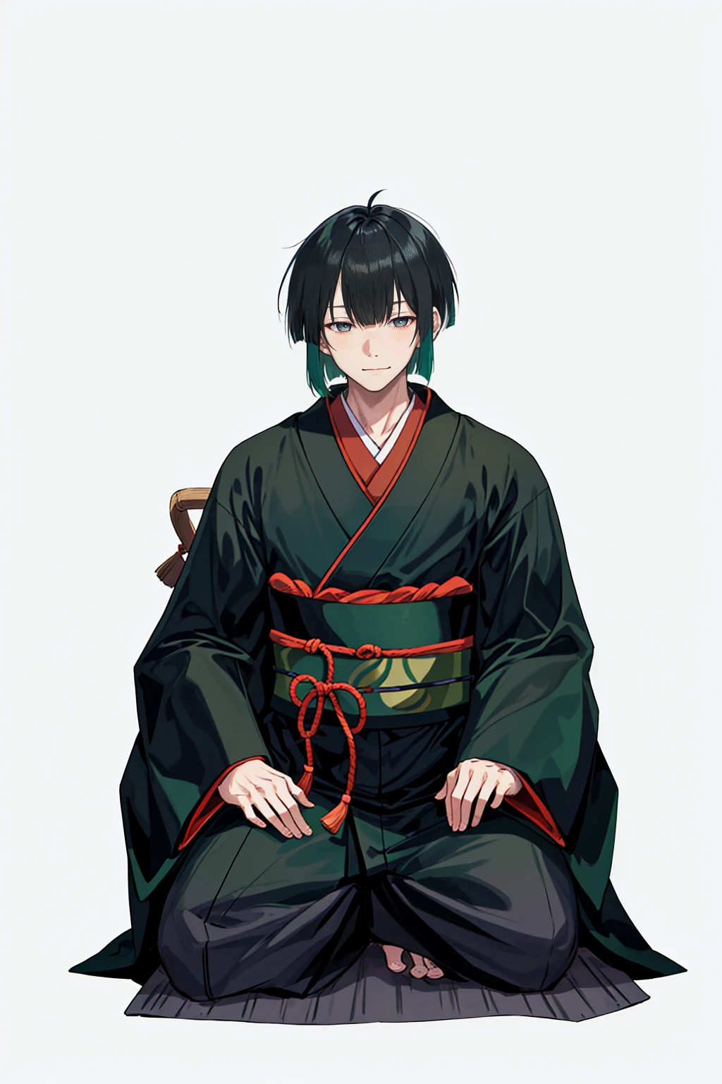 1 boy, 24 years old, full body, blunt bangs, bob cut, dark green hair, ((transparent background)),(solo),standing,{{{{Japanese monk}}}}},(wearing shoes on feet),{{wearing an article of clothing in the same manner as a kasaya}}},{{glaze}},{{Hair shine}},((is wearing Japanese Monk’s Clothing)),good young man, beautiful detailed eyes,gray eyes,black hair,good looking,((an extremely delicate and beautiful)),make the eyes the same shape and color on both sides, seiza, from front,