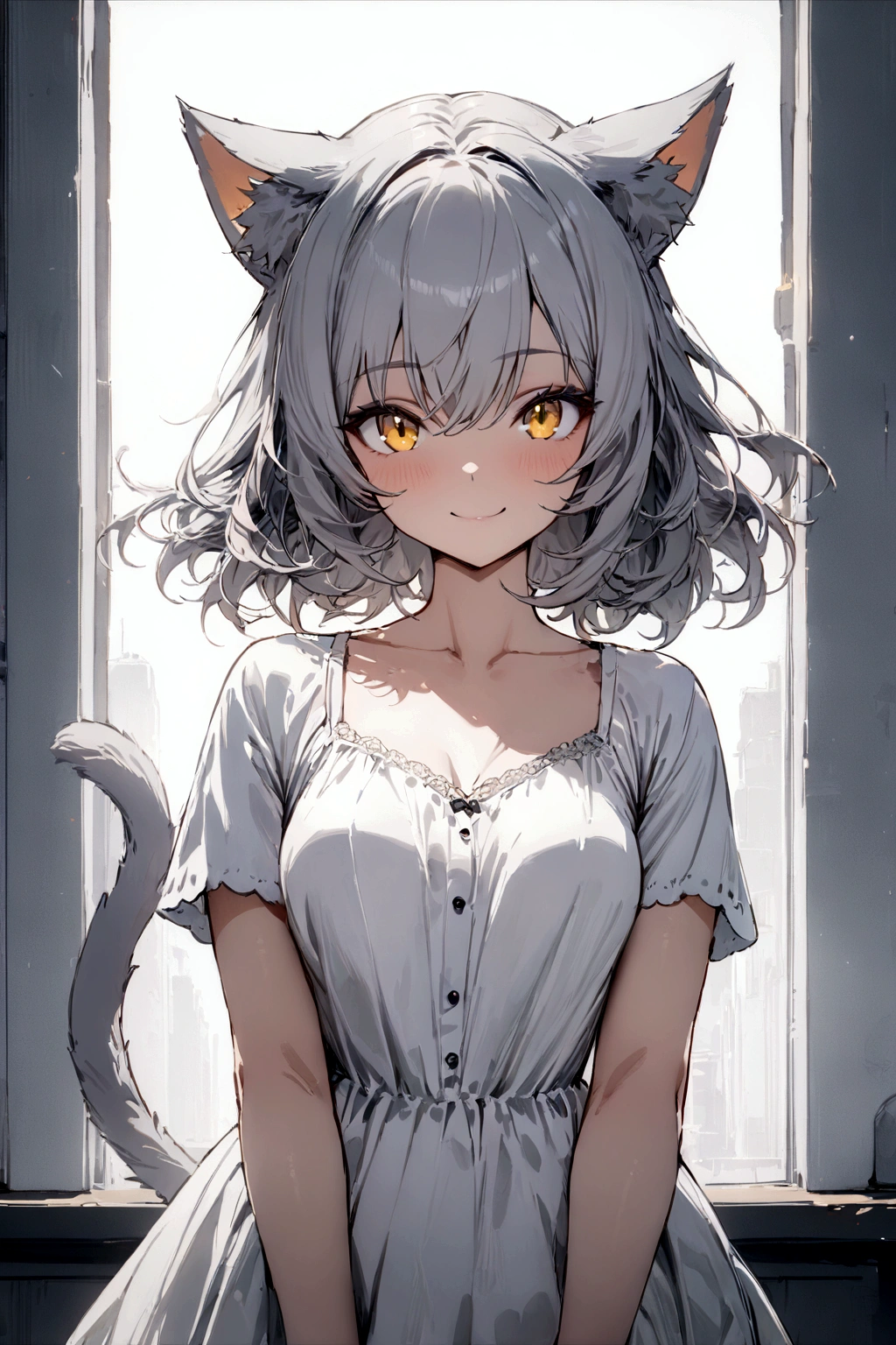 ((masterpiece)), ((best quality)), (from front), (half-body shot:1.36), perfect anatomy, 1girl, solo, cat girl, long gray hair, yellow eyes, gray cat ears, gray fluffy cat tail, short-sleeved white dress, smiling, lighting from front, looking at viewers
