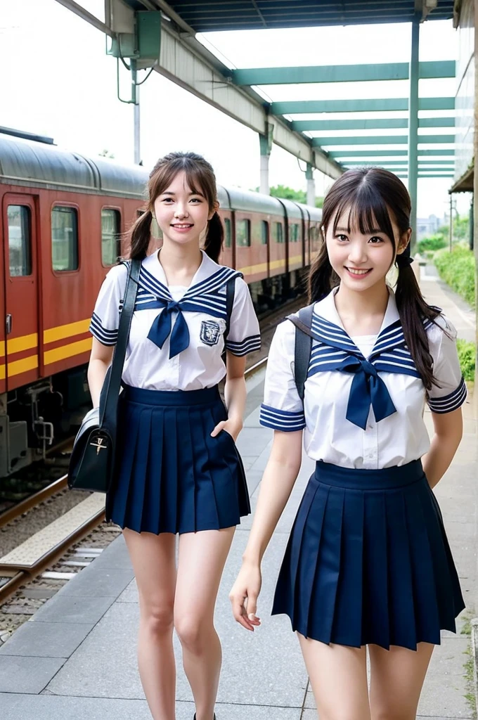 2 girls walking in rural railway station,Japanese limited express train,cumulonimbus cloud in summer blue sky,white sailor shirt,navy blue pleated skirt,student bag,18-year-old,bangs,a little smile,thighs,knees,wet short hair with low pigtails bunches,from beside,front light