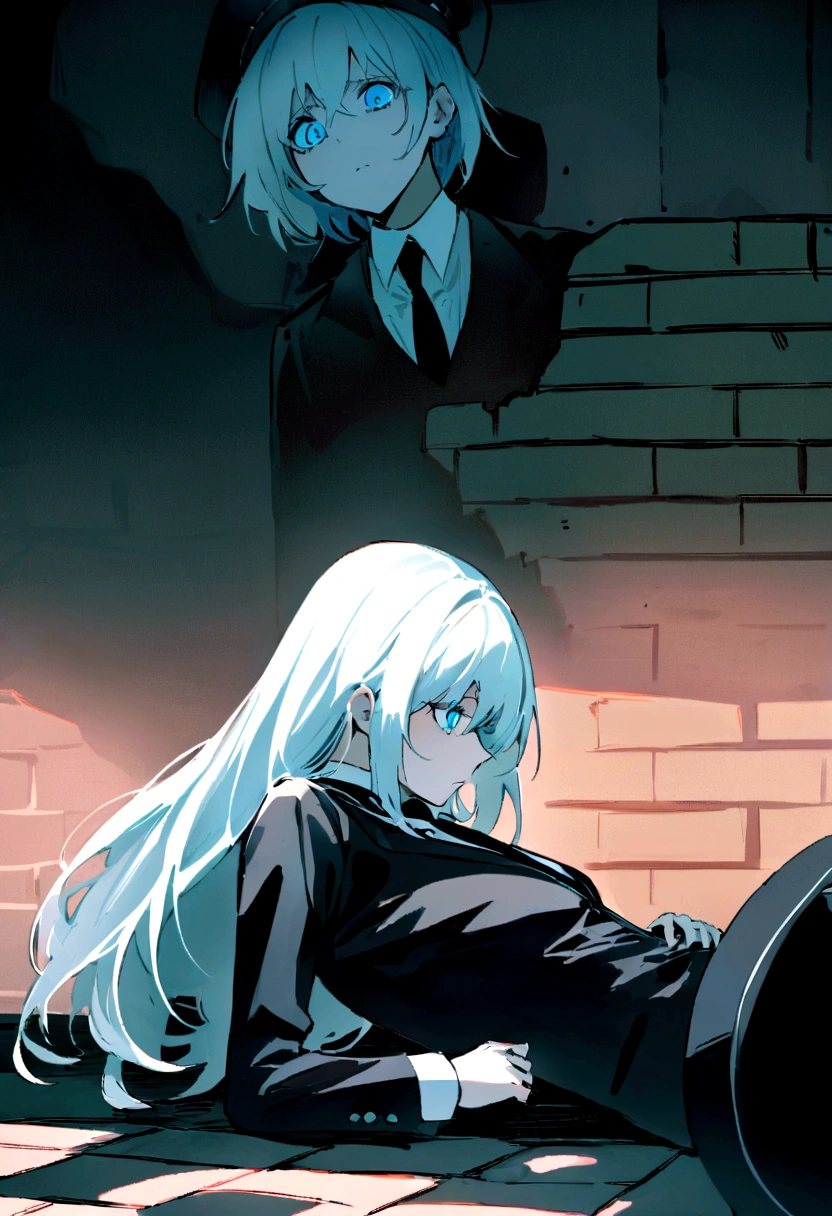 Draw a girl with a black police hat , his black butler uniform with a black tie he has white hair his light blue eyes, who is sitting on the ground leaning her back against the destroyed brick wall while having her head bowed ,that 6 holes in the stomach drawing blood and having a lost look