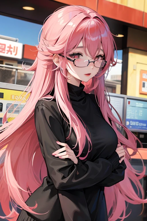 Anime girl, long pink hair, black sweater, glasses, red lips, red cheeks, 