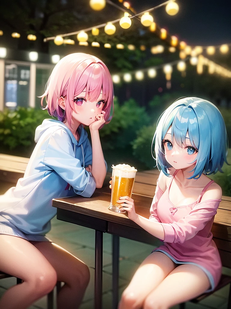 night、beer garden、One girl、Light blue hair、Bob Hair、Pink Tank Top、White hoodie、Drinking beer with relish、Masterpiece、Highest quality