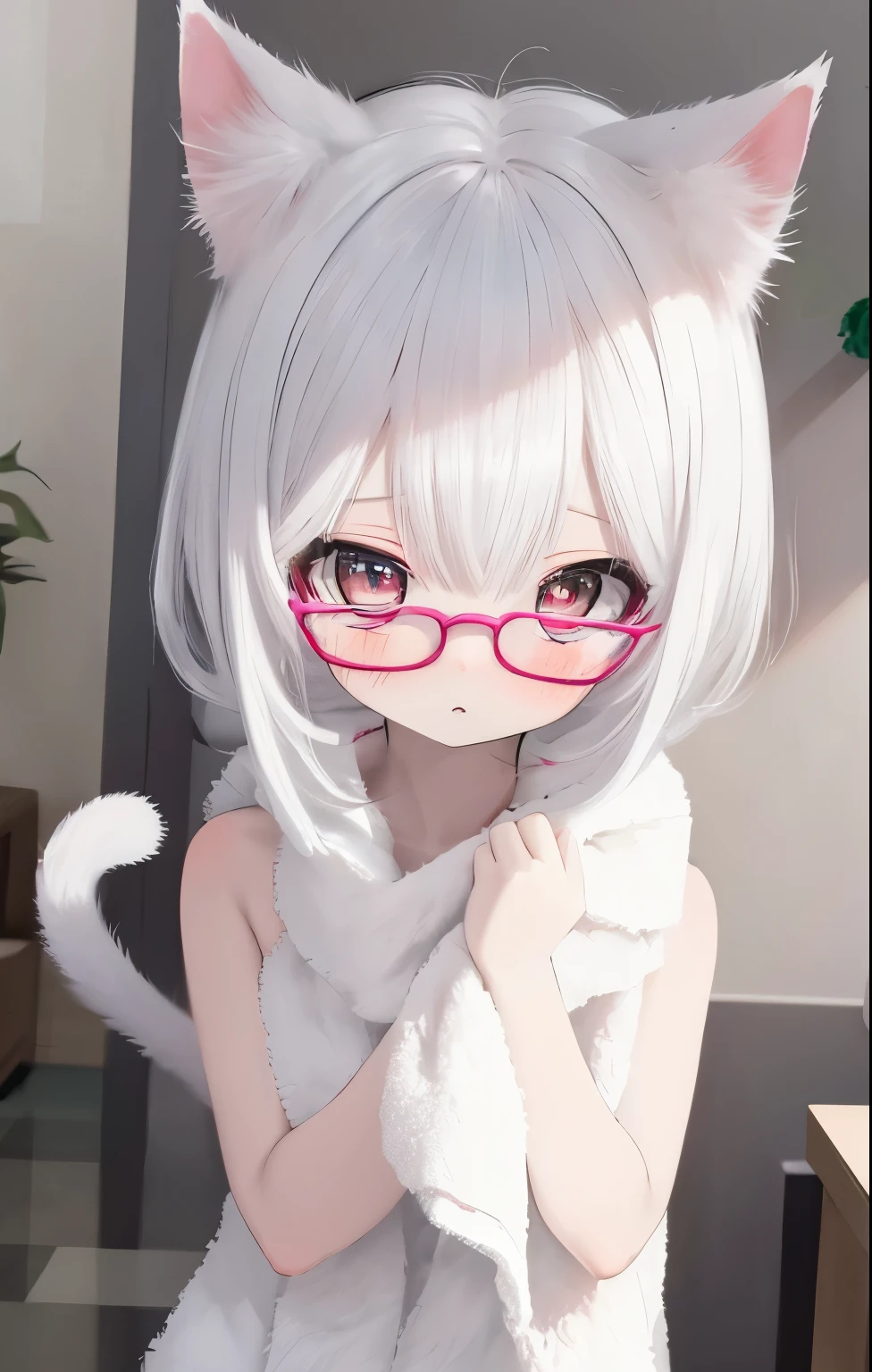 that has a fearful face, white hair, cat ears, yellow glasses and transparent super blushing pink eyes that has a towel around it and that it is in a spaghetti and that it has a cat tail that is a super fearful girl