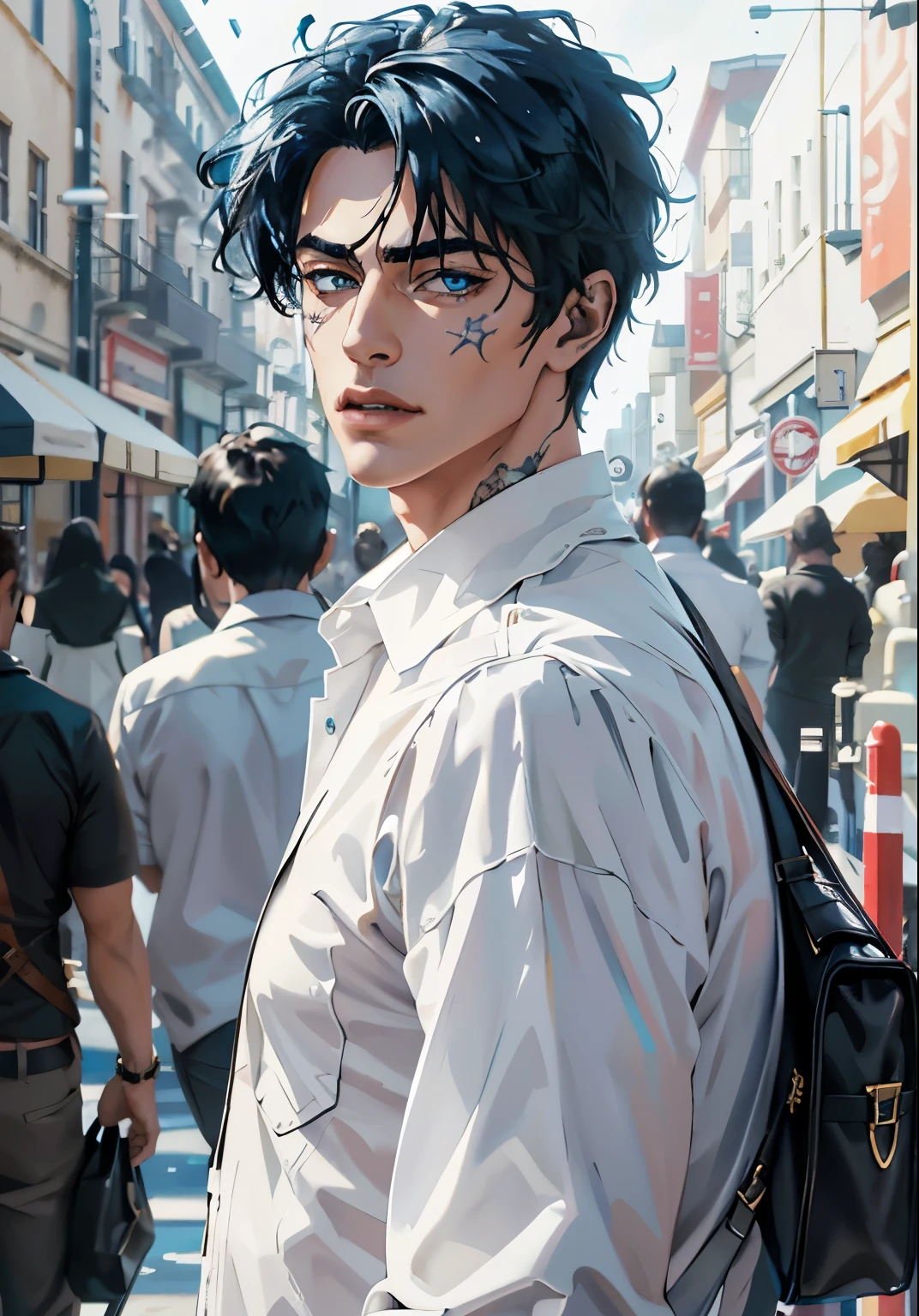 8K, complex, elegant, Highly detailed, majestic, digital photography, surreal painting, defeat magic, Sinuous Lightning, (masterpiece, Side light, fine and beautiful eyes: 1.2), HDR, (bright blue eyes)), Naked upper body, (bright tattoo), handsome boy, cana, musculature, black skin, demon horn, Raining, handsome, in front of camera, masterpiece