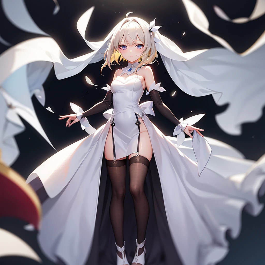 (((White Wedding Dress))), ((Bellline)),((In a naughty way)),Cute li,Tiny Lori,Small girildish face, Very fine clean face,Top quality, Big eyes,Straight Hair,Yellow hair,Crimson Eye,(Dark Room), Subtle light, Natural light,Soft lighting,Light from directly behind, (Are standing), Cute pose, (Open your hands), Showing the whole body,Front view,Black background