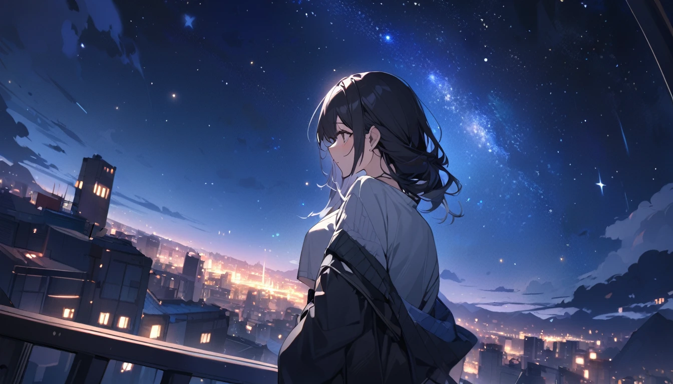 (Highest quality), Girl looking at the night view,Black Hair,Beautiful starry sky
