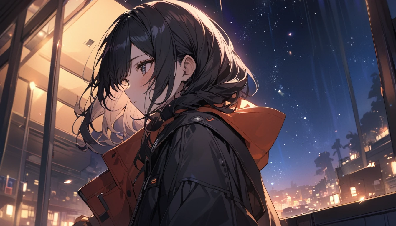 (Highest quality), Girl looking at the night view,Black Hair,Beautiful starry sky