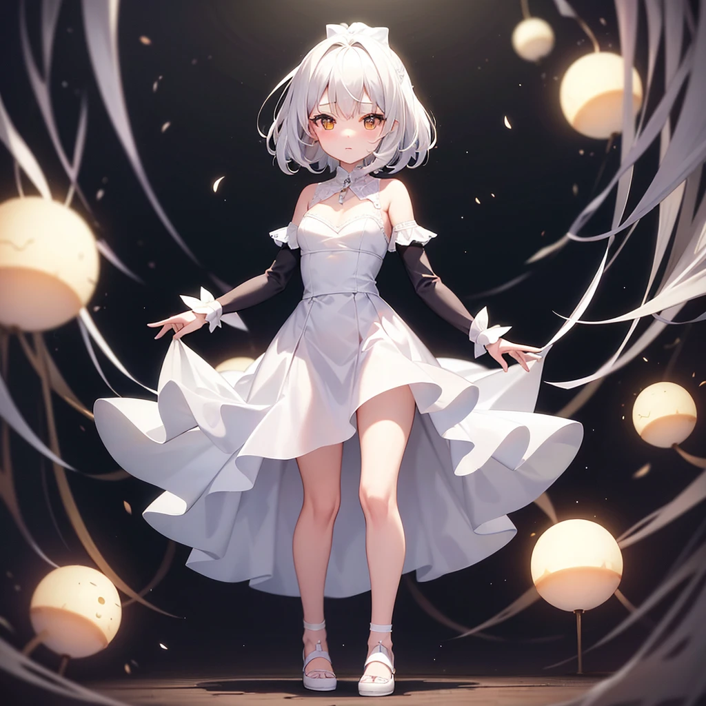 (((White Wedding Dress))), ((Bellline)),In a naughty way,Cute little loli,Tiny Lori,Small girl,,Childish face, Very fine clean face,Top quality, Big eyes,Straight Hair,Yellow hair,Crimson Eye,(Dark Room), Subtle light, Natural light,Soft lighting,Light from directly behind, (Are standing), Cute pose, (Open your hands), Showing the whole body,Front view,Black background