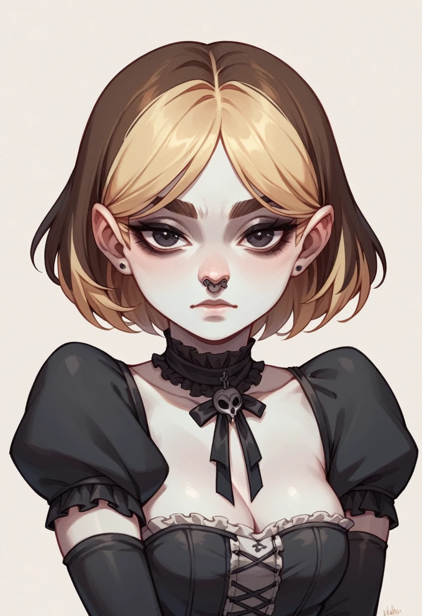 blythe doll With shoulder length hair, brown hair and blonde highlights, round, dark eyes, Pointed nose, thin eyebrows, pale skin, Gothic clothing