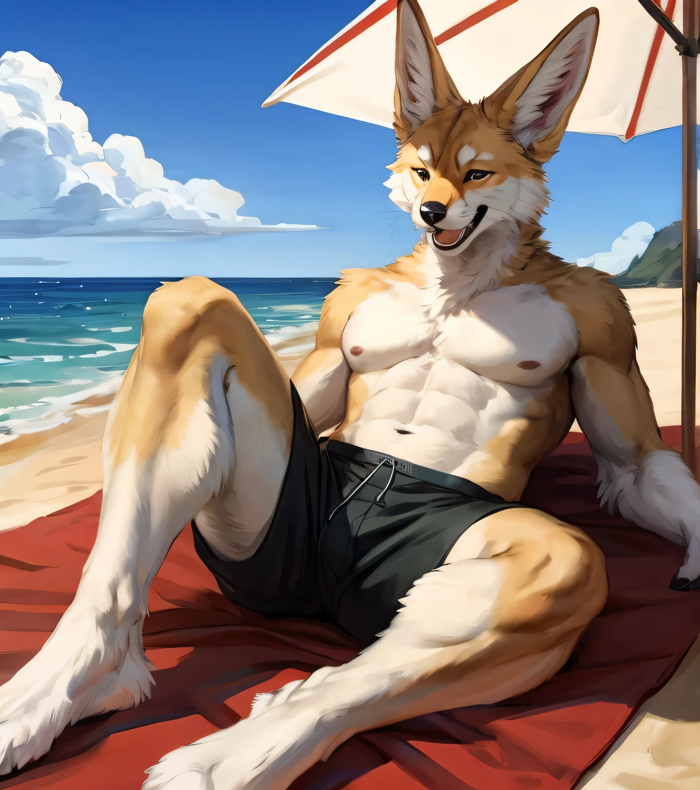 (solo,furry,anthro,hyper realistic), male, laying on back on towel, smirk, smug, wide open mouth, laughing, looking at sky, wearing ((dark red)) boxer shorts, side view, muscular body, realistic fur, full body shot, Fennec, beach, blurred background, by bebebebebe:1.2, by buta99, by foxovh, by ruan jia