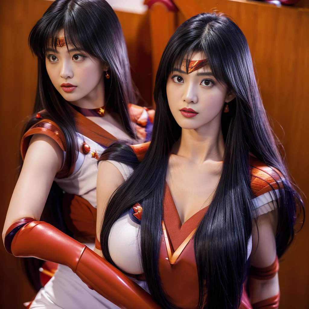 Highest quality，masterpiece，Very detailed, 8K，Beautiful Japan woman at 26 years old:1.5, Small face, blunt bangs, (Detailed red Sailor Mars costume:1.5), Breast Augmentation Surgery, Very detailedな臭い脇の下、　Dynamic Angle