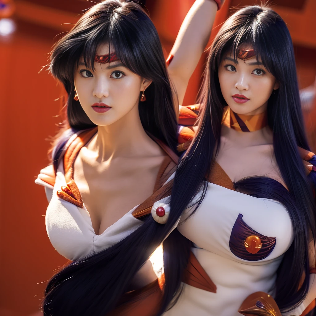 Highest quality，masterpiece，Very detailed, 8K，Beautiful Japan woman at 26 years old:1.5, Small face, blunt bangs, (Detailed red Sailor Mars costume:1.5), Breast Augmentation Surgery, Very detailedな臭い脇の下、　Dynamic Angle