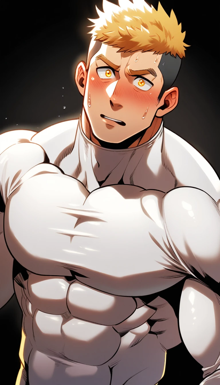 anime characters:Tights superhero, Muscle superhero, 1 muscular tough guy, Manliness, male focus, Mike White high collar long sleeve tight T-shirt, Very tight, The clothes were soaked with sweat, Upright, round and full chest muscles, Male dog waist, Slightly transparent, muscular male, muscular, only, Upper body, alone, Black short hair, Thick eyebrows, stubble, Yellow eyes, Black background, simple background, amazing quality, best aesthetics, Ridiculous, bright pupils, crew cut, parted lips, shy, blush, moaning, saliva trail, drop shadow, best quality