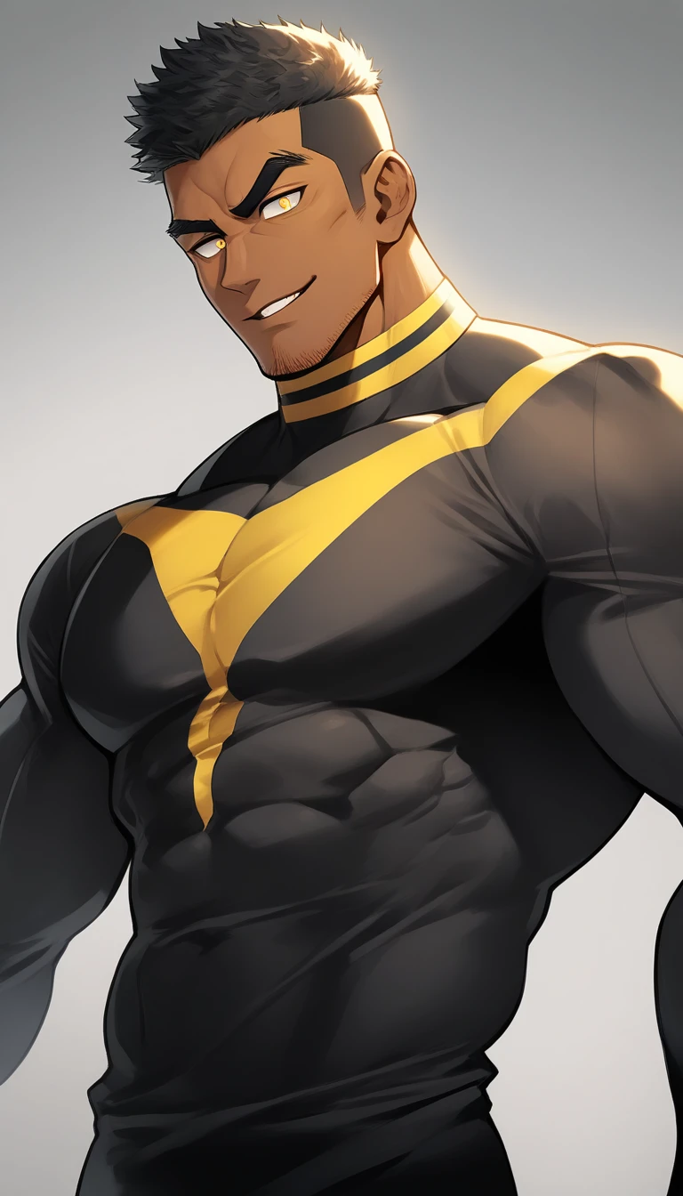 anime characters:Tights superhero, Muscle superhero, negro black skin, 1 dark skin muscular tough guy, Manliness, male focus, Yellow and black striped high collar long sleeve tight T-shirt, Slightly transparent material, Very tight, Round, full and perky chest muscles,Male dog waist,Slightly transparent, muscular male, muscular, only, Upper body, alone, Black short hair, Thick eyebrows, stubble, Yellow eyes, Grey background, simple background, amazing quality, best aesthetics, Ridiculous, bright pupils, crew cut, parted lips, seductive smile, torogao, naughty face, drop shadow, best quality