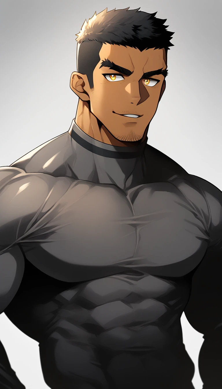 anime characters：Tights superhero, Muscle superhero, negro black skin, 1 dark skin muscular tough guy, Manliness, male focus, Yellow and black striped high collar long sleeve tight T-shirt, Slightly transparent material, Very tight, Round, full and perky chest muscles,Male dog waist,Slightly transparent, muscular male, muscular, only, Upper body, alone, Black short hair, Thick eyebrows, stubble, Yellow eyes, Grey background, simple background, amazing quality, best aesthetics, Ridiculous, bright pupils, crew cut, parted lips, seductive smile, torogao, naughty face, drop shadow, best quality