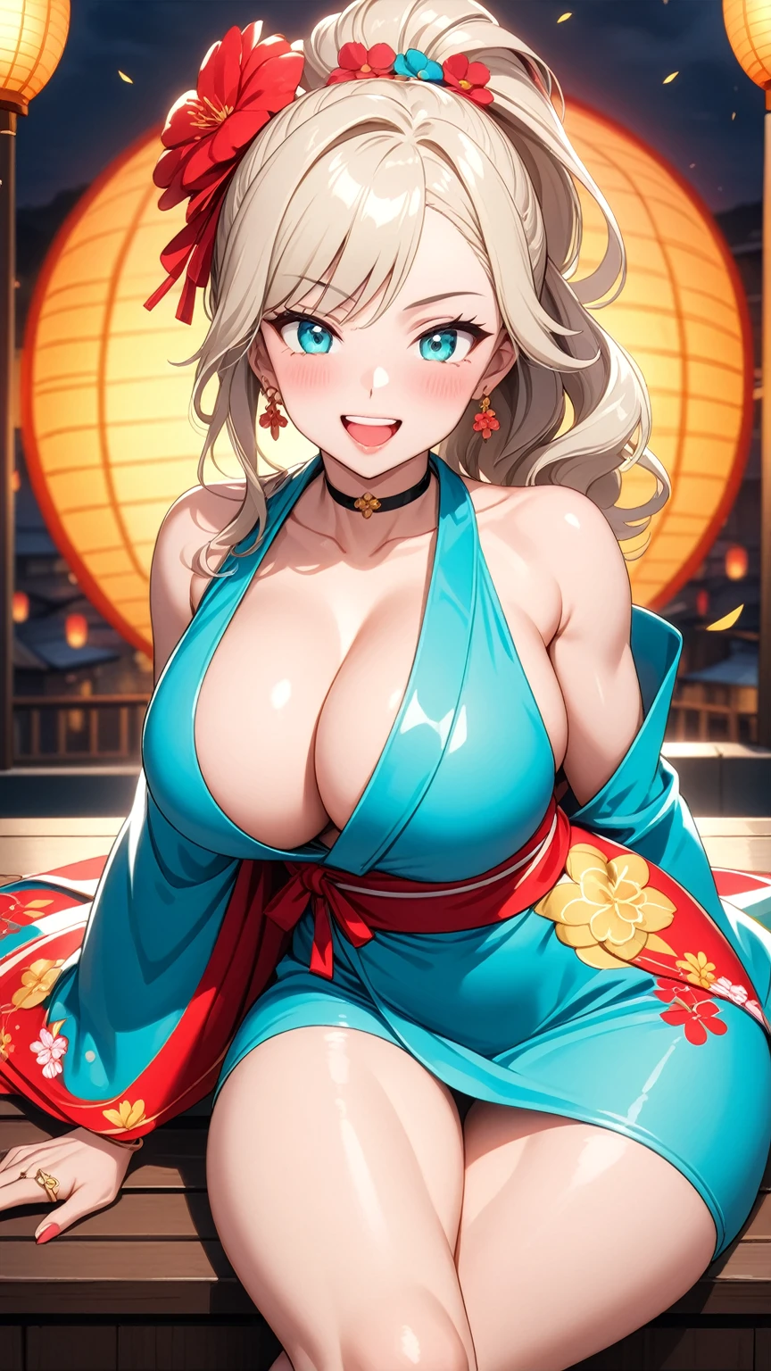((One personの女性)), Beautiful Face,(Laughing embarrassedly), (naughty face:1.2), (Wink:1.9), (head tilt:1.3), Laughing with your mouth open, upper teeth, ((Bright red cheeks:1.4)),Glossy pink lips, ((crossed legs:1.4)), (panty shot), looking down at viewer,Touching hair with hands,looking at viewer,Shining Face, rooftop, Festival decorations, firework, ((Anime style background)),masterpiece, Highest quality, so beautiful,up to date, Complex details, (Pink long nails),(ring),(bracelet),(choker),AI-generated, Complex,High resolution, Highest quality, super high quality,3D Images、3D Images,One person,Long blonde hair,ponytail, wavy hair ,Anime woman posing for a photo, ((Fine grain、Turquoise Eyes、Shining Eyes:1.3)), (Squint your eyes:1.1),a hyperRealistic , hyperRealistic , Realistic,Anime woman with long white hair, Smooth anime CG art, A woman in a colorful kimono with gold embroidery, (Pink long sleeve kimono),Red floral pattern,Long flower hair ornament,Earrings,Mature Body,(Big Breasts:1.1),Tall,Abdominal muscles,Tight waist,(Zoom up to face:1.1), (from side),