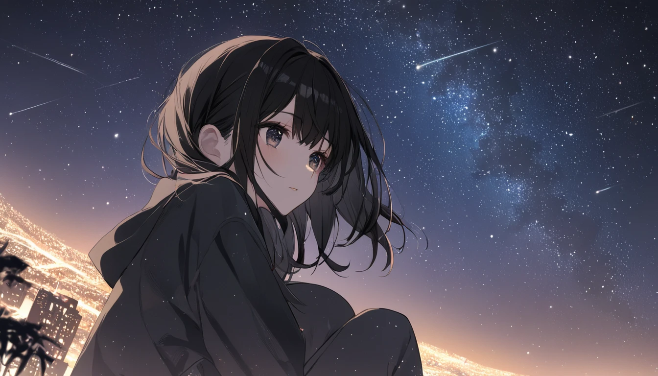 (Highest quality), Girl looking at the night view,Black Hair,Beautiful starry sky